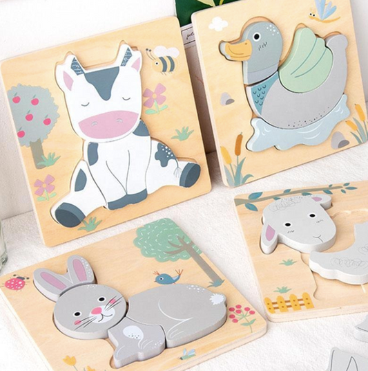 3D Wooden Puzzles Cartoon Animals Kids Cognitive
