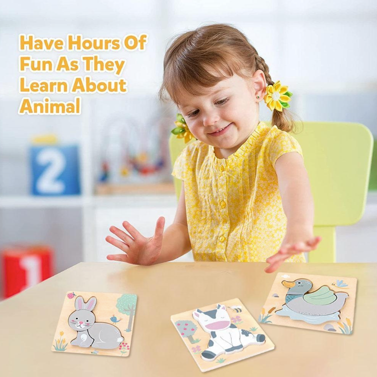 3D Wooden Puzzles Cartoon Animals Kids Cognitive
